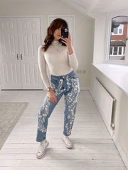 High Waisted Recycled Floral Petal Jeans, Blue Denim