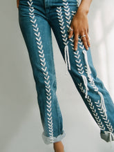 High Waisted Recycled White Thread Jeans, Blue Denim