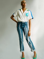 High Waisted Recycled White Thread Jeans, Blue Denim