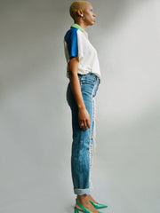 High Waisted Recycled White Thread Jeans, Blue Denim