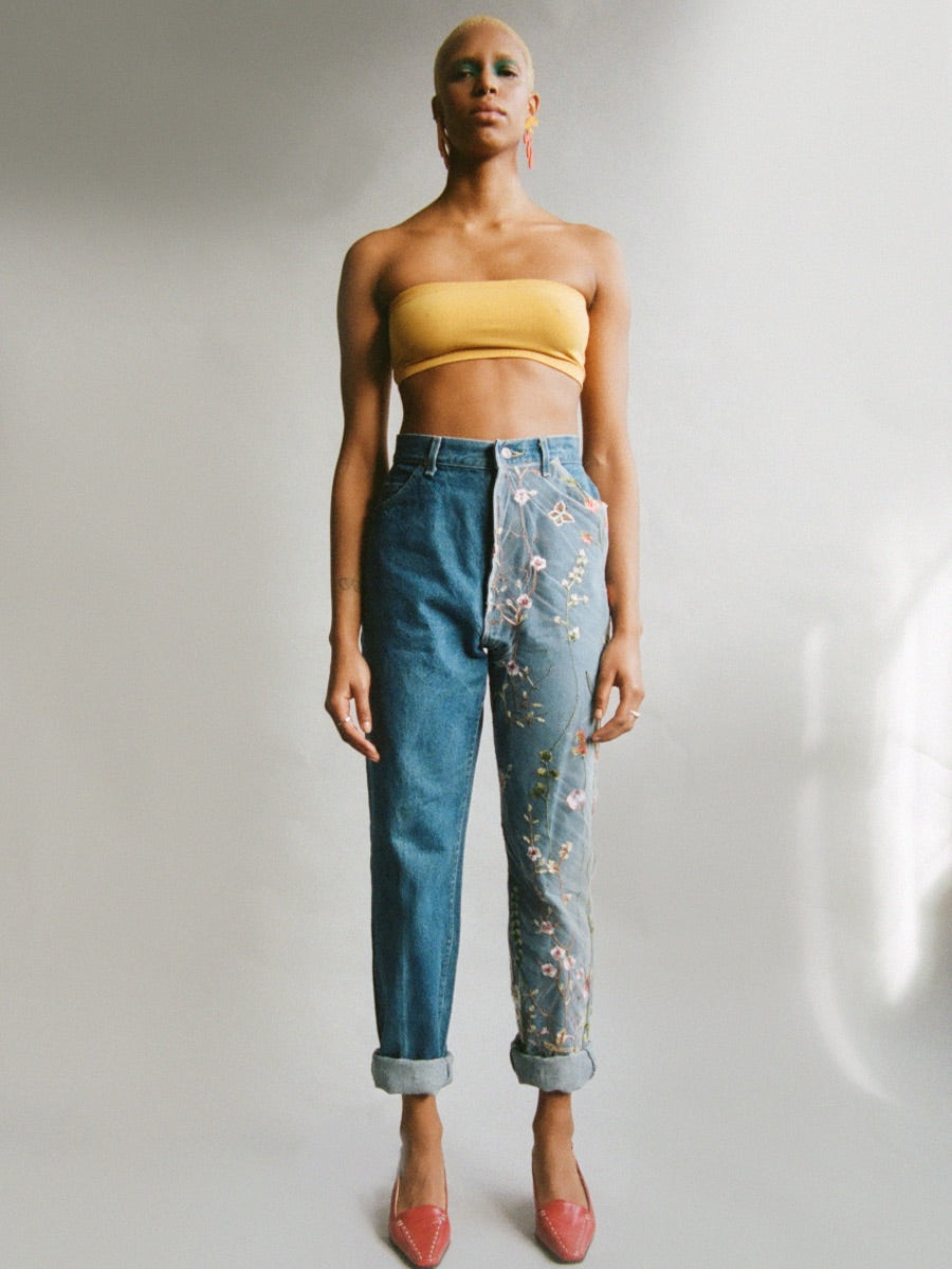 High Waisted Recycled Colourful Asymmetrical Embroidery Jeans, Blue Denim High Waisted Recycled Colourful Asymmetrical Embroidery Jeans, Blue Denim