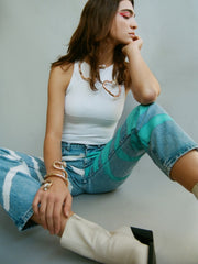 High Waisted Recycled Block Print Jeans, Blue Denim