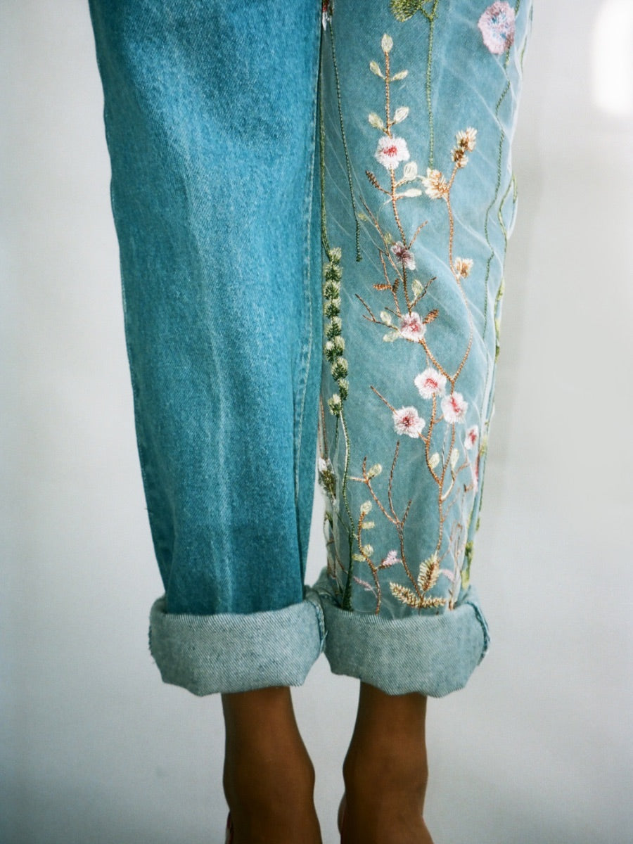 High Waisted Recycled Colourful Asymmetrical Embroidery Jeans, Blue Denim High Waisted Recycled Colourful Asymmetrical Embroidery Jeans, Blue Denim