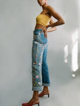 High Waisted Recycled Colourful Asymmetrical Embroidery Jeans, Blue Denim