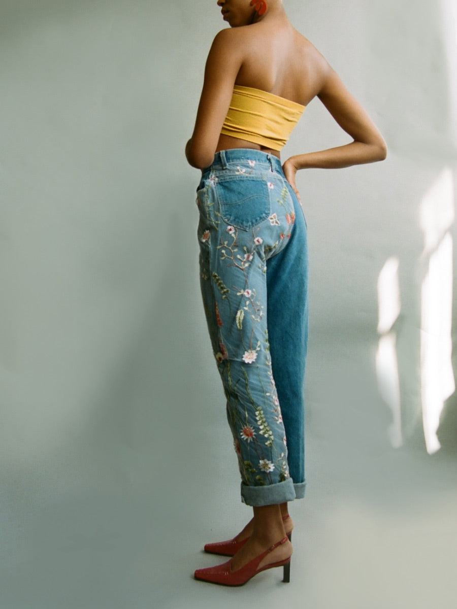 High Waisted Recycled Colourful Asymmetrical Embroidery Jeans, Blue Denim High Waisted Recycled Colourful Asymmetrical Embroidery Jeans, Blue Denim