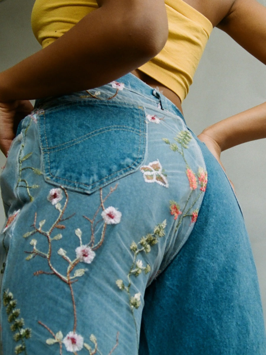 High Waisted Recycled Colourful Asymmetrical Embroidery Jeans, Blue Denim High Waisted Recycled Colourful Asymmetrical Embroidery Jeans, Blue Denim
