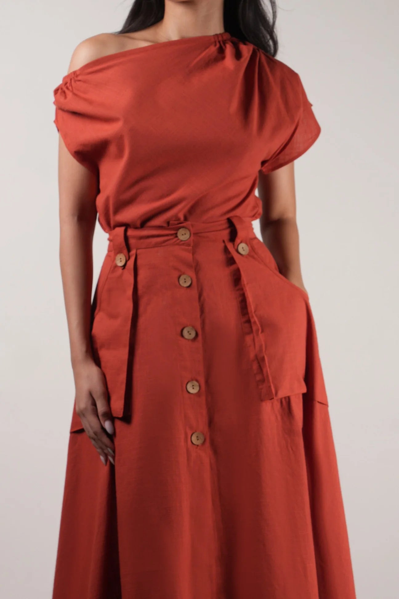 Rust One Shoulder Skirt Set