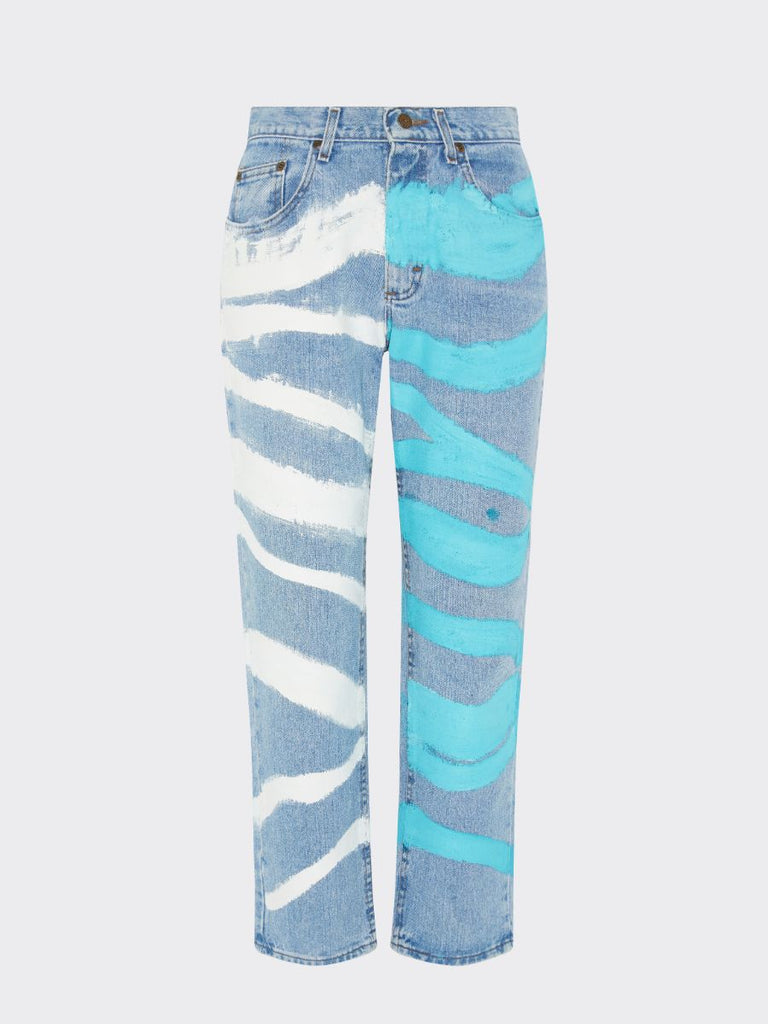 High Waisted Recycled Block Print Jeans, Blue Denim