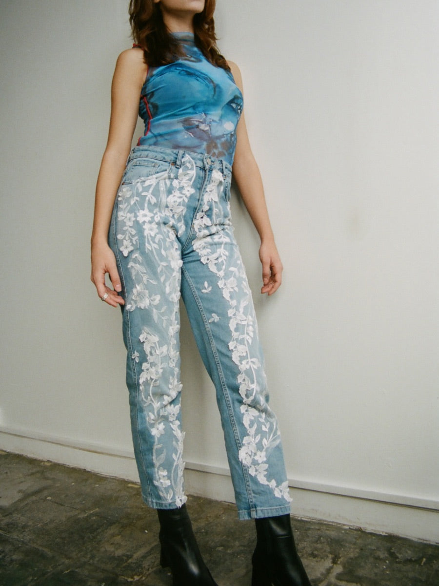 High Waisted Recycled Floral Petal Jeans, Blue Denim