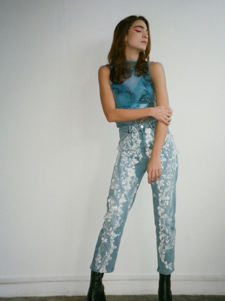 High Waisted Recycled Floral Petal Jeans, Blue Denim