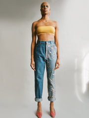 High Waisted Recycled Colourful Asymmetrical Embroidery Jeans, Blue Denim