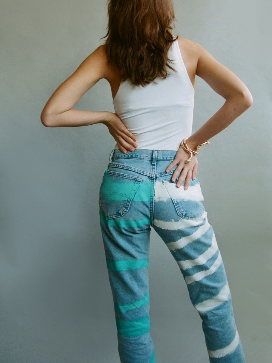High Waisted Recycled Block Print Jeans, Blue Denim