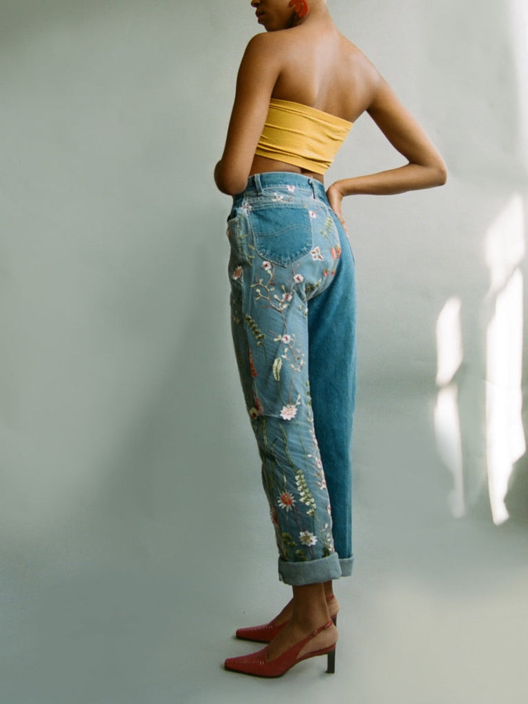 High Waisted Recycled Colourful Asymmetrical Embroidery Jeans, Blue Denim