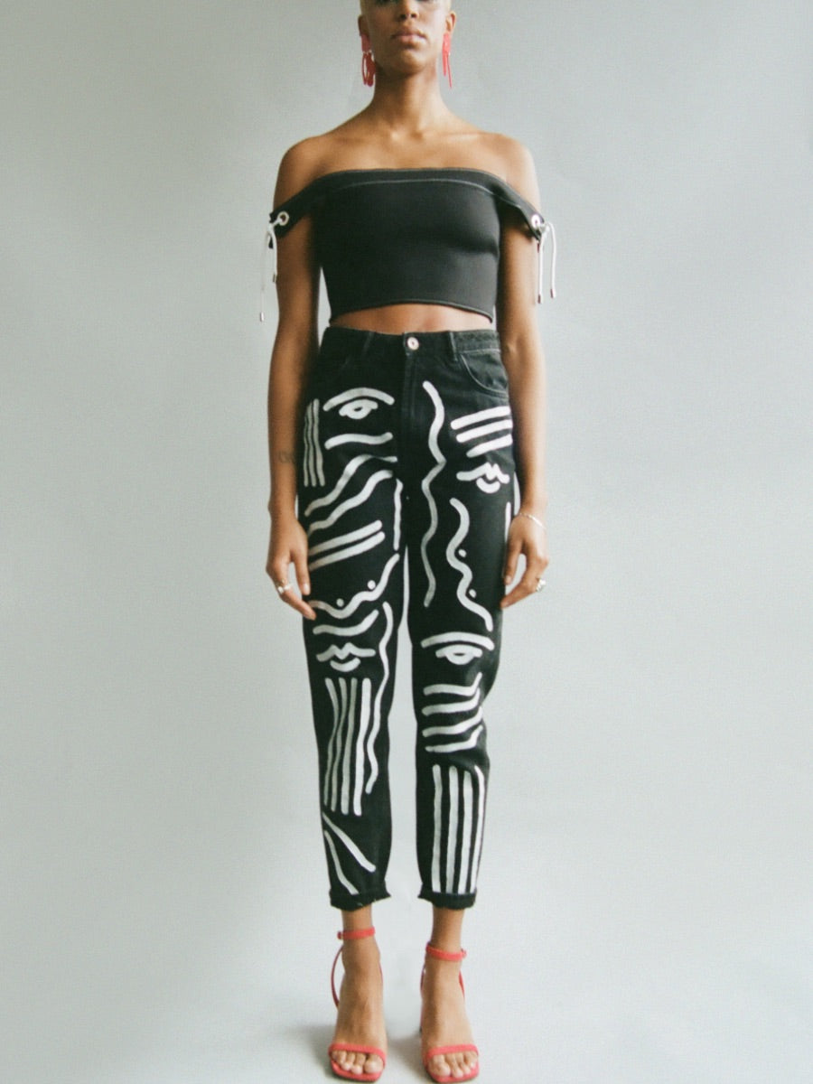 High Waisted Recycled Painted Jeans, Black Denim